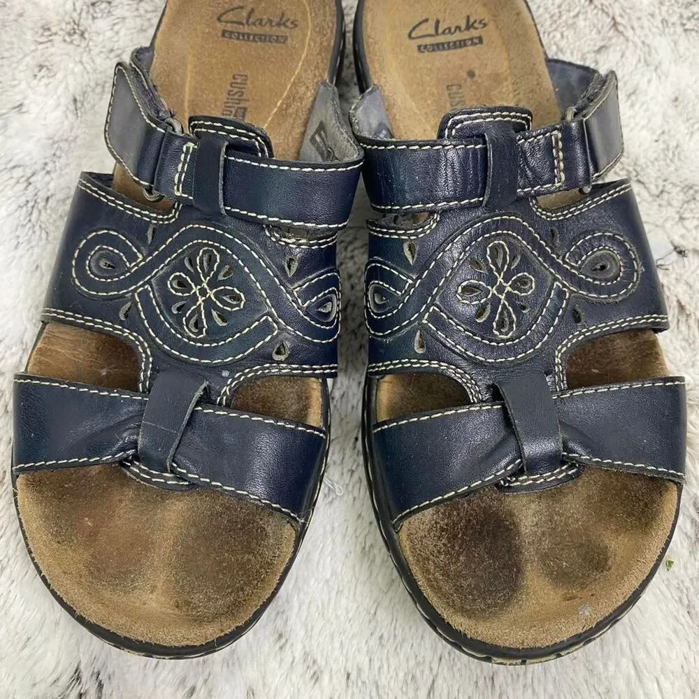 Clarks Leisa cacti navy blue leather sandals white stitching floral boho fairy